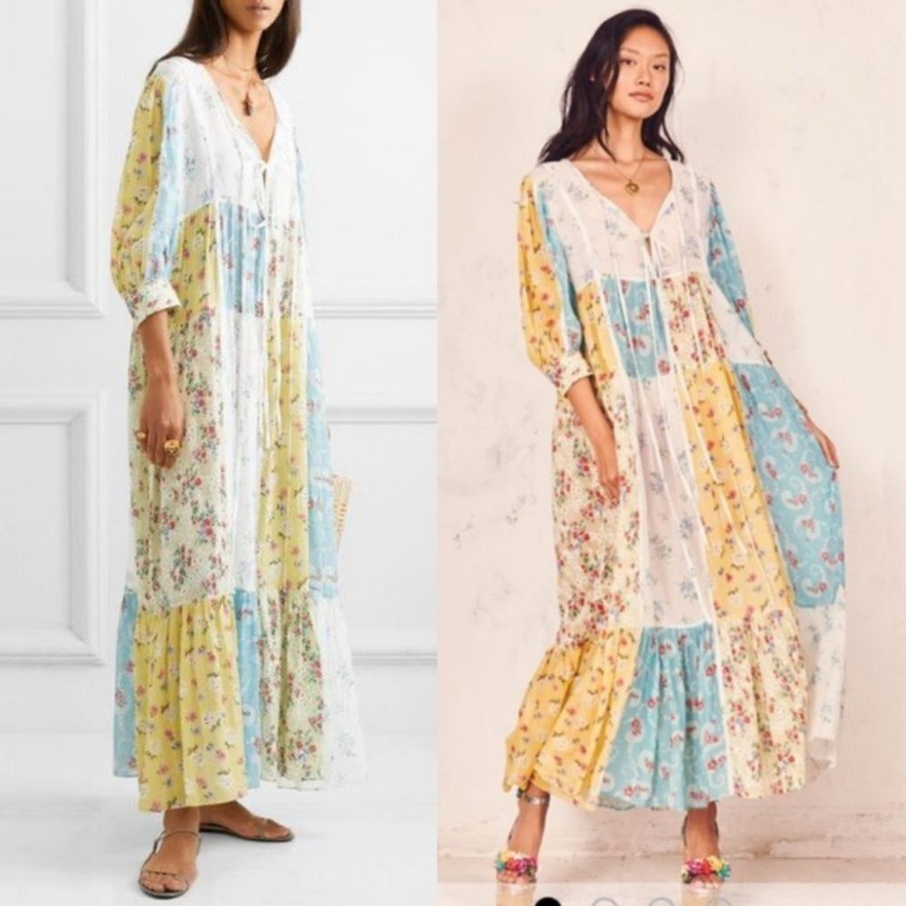 LOVESHACKFANCY Patchwork Tiered Maxi Dress Bohemian Floral Print Bex Size Small‎